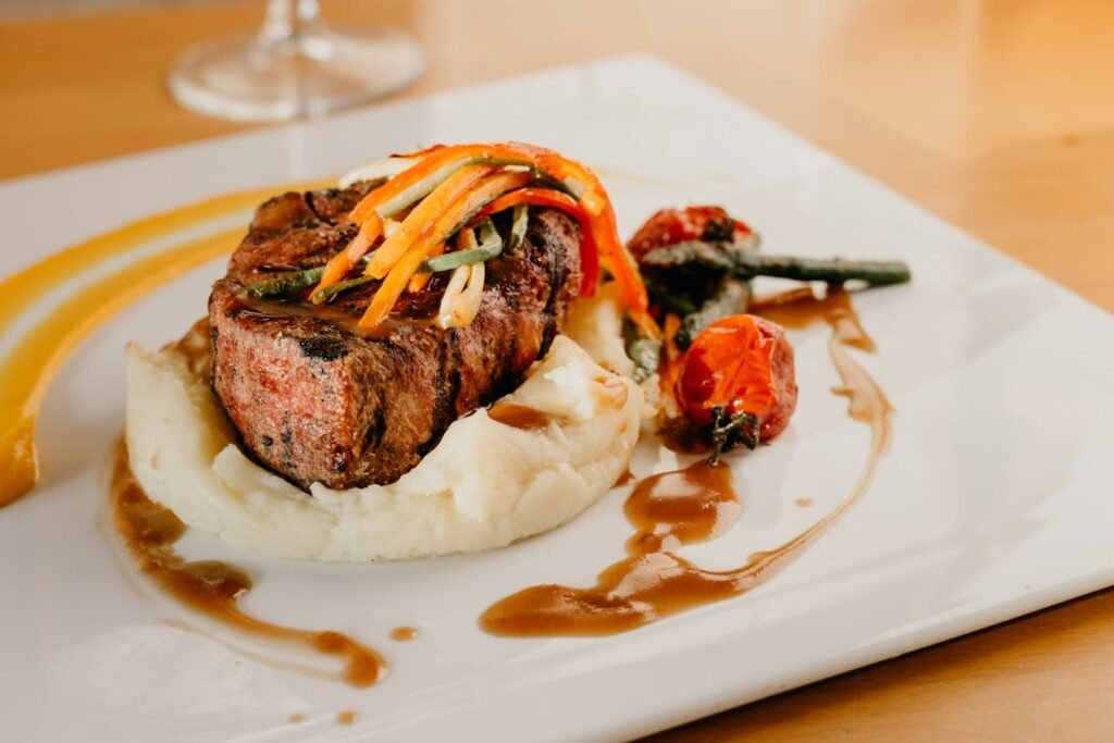 Beef fillet with chimichurri puree and grilled mushrooms
